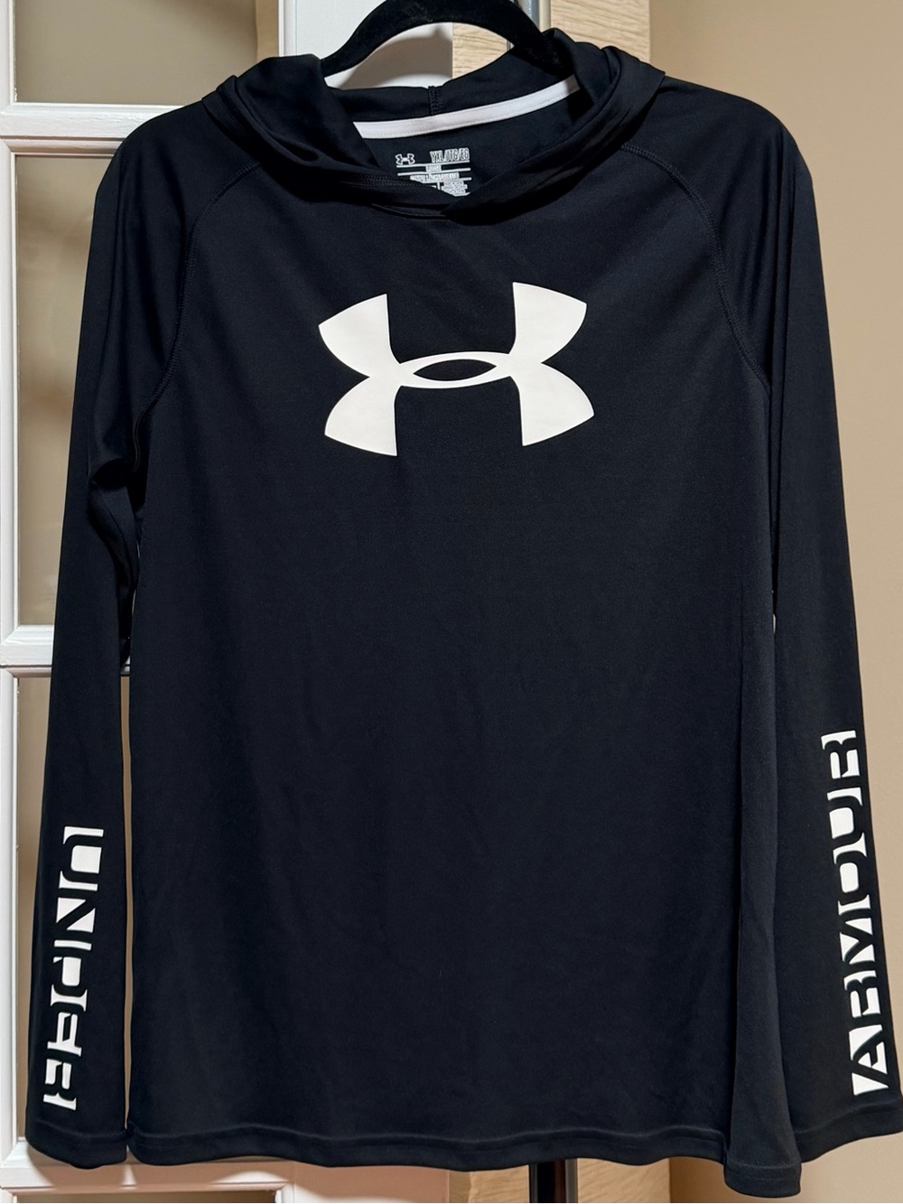 Under Armour Black Hooded Long Sleeve Tee with White Logo